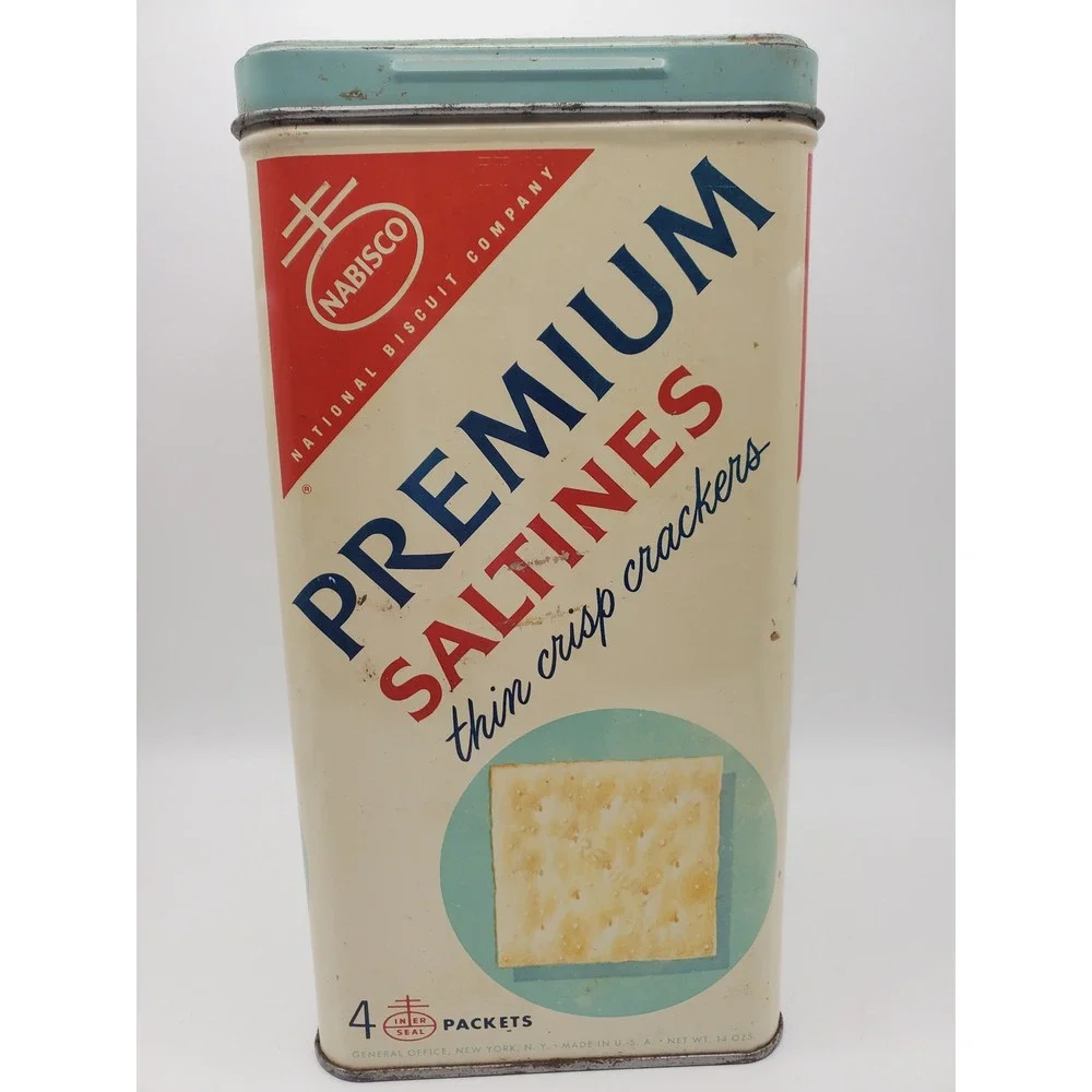 Vintage 1965 Nabisco Premium Saltines Cracker Tin - Bilingual w/ Turquoise Lid